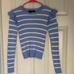 Forever 21 baby blue and white striped long sleeved Sweater with ruffle sleeves